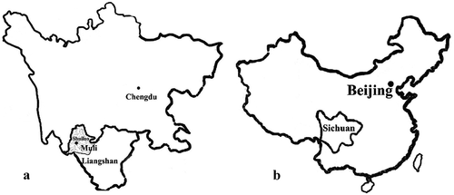 Figure 1. A: Map of Sichuan Province indicating the location of Shuiluo Township, Muli County, Liangshan Prefecture, and the provincial capital (Chengdu); B: Map of China with the location of Sichuan Province and the country’s capital (Beijing).