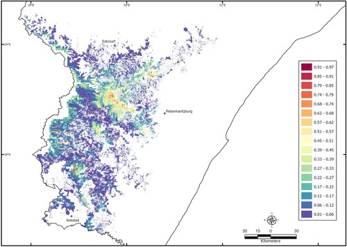 Figure 3. Average relative suitability of areas for Leptopelis xenodactylus within the predicted distribution range.