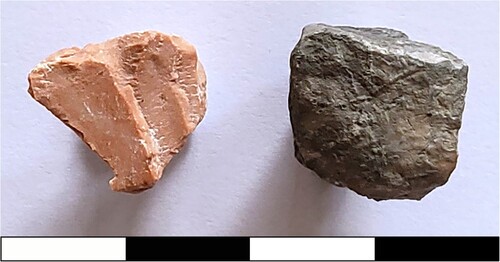Figure 8. Unfired flint (left) and flint subjected to firing in a reducing atmosphere (right). Scale bar = 4 cm.