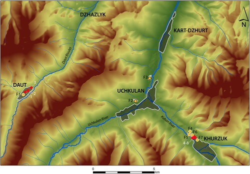 Figure 2. Greater Karachay showing the location of buildings mentioned in the text. The numbering system includes traditional farms which consisted of several components (prefixed by F) and isolated log buildings which were not associated with original farms (numbers with no prefix) (map by J. Chaibulin-Koštial and P. Vařeka)