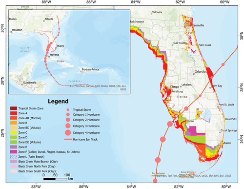 Figure 1. Hurricane Ian track and evacuation zones map (FDEM Citation2022).