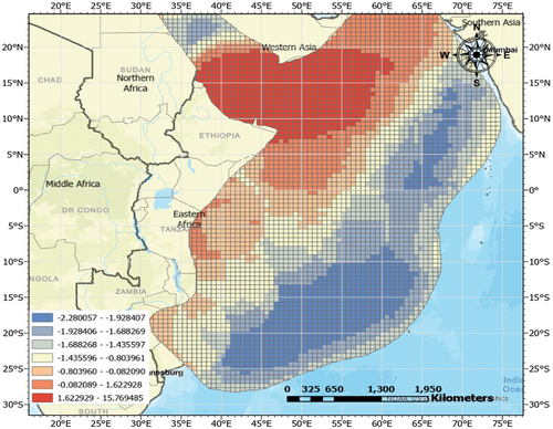 Figure 10. Getis-ord Gi* hot spot analysis result for East Africa after 2012.