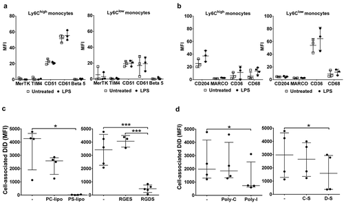 Figure 7. Receptor-dependent mechanisms of MV uptake by lung-marginated Ly6Chigh monocytes. (a) & (b): In vivo expression of PS and scavenger receptors on monocyte subsets were determined in lung single cell suspensions from normal and LPS-treated mice (20 ng, i.v. 2 h) by flow cytometry. (c): MV uptake by lung Ly6Chigh monocytes isolated by perfusion of individual LPS-treated mice was assessed in the presence of PS liposomes (PS-lipo) or RGDS peptide, in comparison to the respective controls, PC liposomes (PC-lipo) and RGES peptide. (d): MV uptake by lung Ly6Chigh monocytes from individual LPS-treated mice was similarly assessed in the presence of scavenger receptor A blockers: polyinosinic acid (Poly-I) and dextran sulphate (D-S), in comparison to the respective controls, polycytidylic acid (Poly-C) and chondroitin sulphate (C-S). Data are displayed as mean ± SD and analysed by multiple t-tests (a,b), one-way ANOVA with Bonferroni correction tests ((c), peptide blocking), or as median ± IQR and analysed by Friedman with Dunn’s correction tests ((c), liposome blocking; (d)). n = 3 for receptor expression and n = 3–5 for blocking experiments.