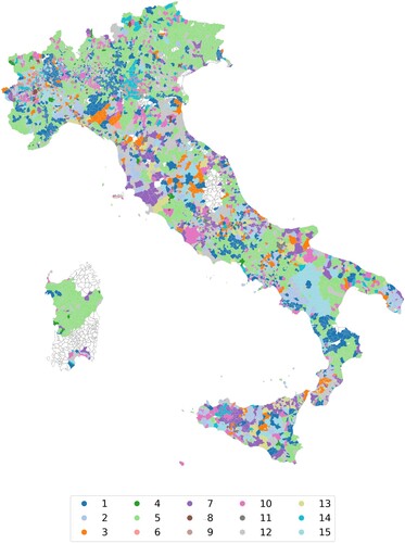 Figure 7. Geographical representation of clusters of maximum real estate values for Italian municipalities. Blank areas are municipalities for which we have no data. We recall that in central Italy the data collection was suspended due to a seismic event. Furthermore, on the island of Sardinia there are some missing data (possibly due to a change in the province’s administrative boundaries) that do not allow for a complete time-series. There are important areas of the country where prices have a similar (stable) trend. For example, the northeast area, the municipalities in Sardinia (cluster 5), and some areas of southern Italy (cluster 14).