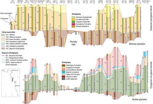 Figure 7. Facies distribution and stratigraphy along a north–south section across the Stuart Shelf for the Cryogenian and Ediacaran cycles correlated along the maximum flooding surface, respectively. Note the emergence of the Pernatty High during deposition of the sedimentary succession following the deposition of early Tapley Hill Formation. Inset: location map of transect on the Stuart Shelf of the studied drill core.