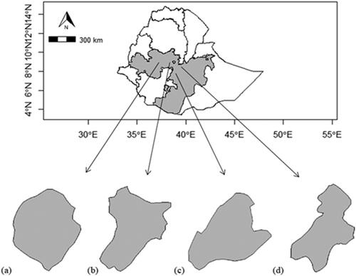 Figure 1. Map of study districts (a) Bako Tibe district (b) Walmara district (c) Tiyo district (d) Adama district, ONRS, Ethiopia.