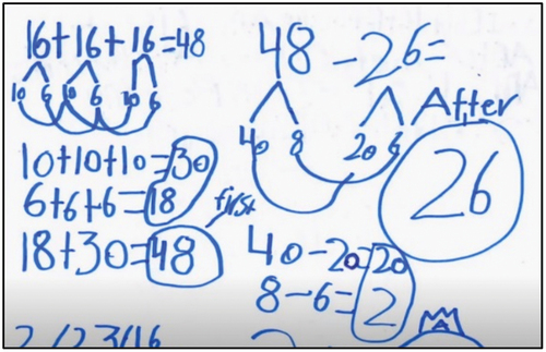 Figure 3. Student’s decomposing strategy from the video “Three-Act Tasks: Modeling Subtraction” (Video source: https://www.teachingchannel.com).