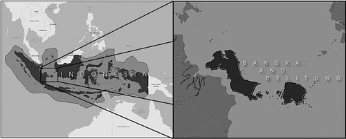 Figure 1. Bangka and Belitung Islands, Indonesia.Source: Map by authors using data from Esri, Garmin, USGS, and UC Berkeley.