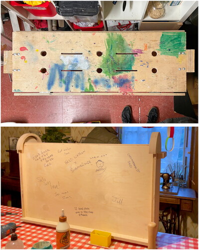Figure 2. Kids kabin’s graffitied workbench (above) and hidden graffiti from the men’s group on the Tambour door cabinet, which was hidden by the addition of a blackboard on its back (below). Images credit: Henry collingham.