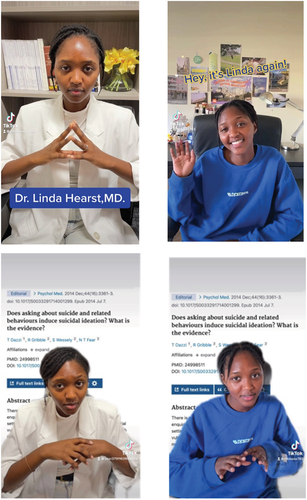 Figure B1. In the expert videos (left), caption with the title “Dr. Linda Hearst, MPD” were added to shown. In the ordinary person videos (right), caption only consists of a greeting message and the name of the person. In the main part of the videos with the scientific article (bottom), the scientific study appears in the background.