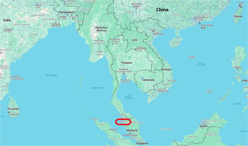 Figure 1. Map Showing George Town’s Strategic Positioning between China and India. Note: The red circle highlights the geographic location of George Town, Penang, on the map. Source: Google Maps. (n.d.) (https://www.google.com/maps/@13.6960393,101.5092679,5z?entry = ttu).