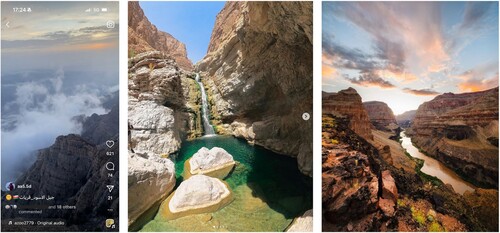 Figure 2. (2a, left) Ahmed Al Nairi's (@aa5.5d) Reel captures moving clouds above Jebel Aswad in Oman. (2b, middle) Abdullah Alhadidi's (@qdo_) Instagram post of a wadi, or canyon, in Oman. (2c, right) Chris Burkard's (@chrisburkard) Instagram post of a canyon in the United States.