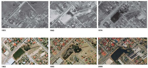 Figure 2. Aerial photographs of Wharf Street Basin 1953–2008 (Image: Josh Byrne and Associates 2018).