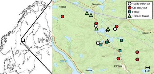 Figure 1. Spatial distribution of the surveyed stands within the study landscape situated in boreal Sweden. Background map from The Swedish Land Survey (Lantmäteriet).