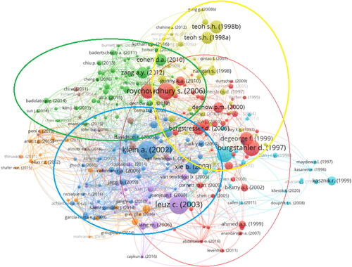 Figure 3. Science mapping of documents related to earnings management based on bibliographic coupling analysis between 1993 and 2021.Source: Extracted from VOSViewer with data from https://doi.org/10.7910/DVN/IA9LP1.