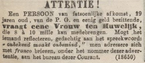 Illustration 1. Matrimonial advertisement, Nieuwe Rotterdamsche Courant, 25 December 1864.