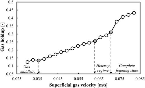 Figure 7. Gas holdup (based on a removal of the foaming layer height) profile as a function of Ug in a mixture of DW and 2-pentanol (1.0 vol.%) aerated with air.