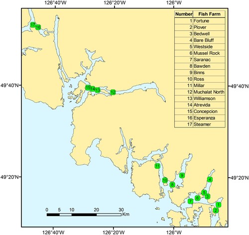 Fig. B1 Locations of salmon farms used in model temperature and salinity evaluations.