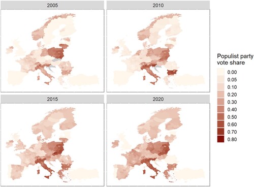 Figure 7. Populist vote shares in national parliamentary elections across European regions, 2005–2020.Note: NUTS 2/3-level vote shares of populist parties in national parliamentary elections taken from EU-NED (Schraff et al. 2022). Coding of parties is based on the PopuList (Rooduijn et al. 2019) .
