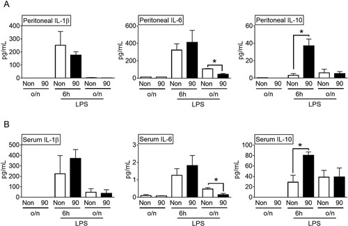 Figure 2. Effects of sound vibration (SV) on cytokine secretion in a time-dependent manner. Mice (n = 6 per group, total n = 36) were injected with lipopolysaccharides (LPS) and then subjected to SV at 90 Hz (90) for 6 h or overnight (o/n, 16 h) or no-SV stimulation (Non) or were subjected to SV at 90 Hz (90) for 6 h or overnight (o/n, 16 h) or no-SV stimulation (Non) without LPS. Peritoneal lavages (A) or blood (B) were collected and analyzed for the levels of interleukin (IL)-1β, IL-6, and IL-10. The bar graph presents the mean ± SD. *, P < 0.05.
