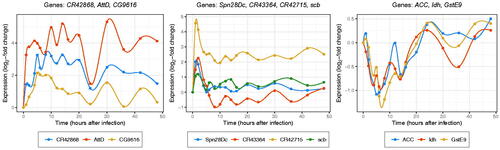 Figure D1. Sets of genes in the upper-right region of the Bayesian LLR2 scatterplot in Figure 12, several of which have uncharacterized pairwise associations. Left: AttD is involved in immune response against Gram-negative bacteria; it exhibits similar patterns to CR42868 and CG9616, neither of which have known molecular functions according to FlyBase (Larkin et al. Citation2021). Middle: Spn28Dc is involved in response to stimuli and protein metabolism, and scb is involved in cell death and organ development. These two genes display similar expression patterns that are also nearly identical in shape to those of the less well-understood RNAs CR43364 and CR42715. Right: Genes ACC, Idh, and GstE9 are involved in a variety of metabolic processes, but not all of their pairwise interactions are known in STRING.