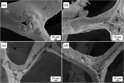 Figure 6. SEM images of skeleton structure of LZO porous ceramics with different coating contents (1000×): (a) 13.7, (b) 10.5, (c) 6.4, (d) 4.6.