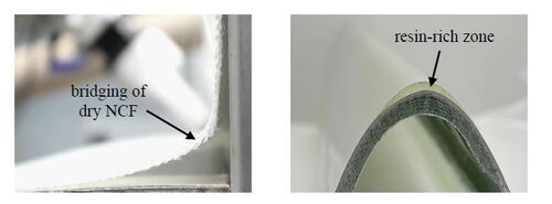 Figure 1 Bridging of dry NCF in L-shaped mould (left) and resin-rich zone in a FRP component (right)