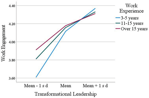 Figure 2. Work experience as a moderator in the relationship between TL and WE.