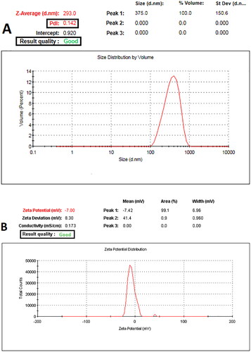 Figure 2. Representative graphs of Malvern’s Zetasizer instrument showed measurements of (A) particle size and PDI and (B) ζ-potential values of PVA/PLGA NPs displaying good quality results.