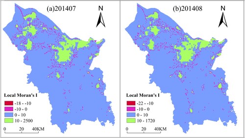 Figure 6. Local Moran’s I of the 3×3 neighborhood of VIIRS images in July and August 2014.