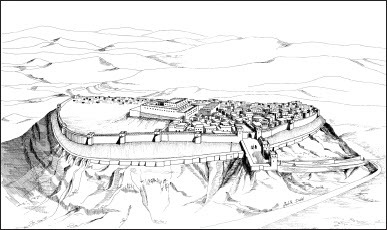 Fig. 6: Suggested reconstruction of Lachish Level III according to the TAU expedition (Ussishkin Citation2004c: 85, Fig. 3.1; drawing by Judith Dekel); note the Outer Revetment Wall encircling the mound at mid-slope