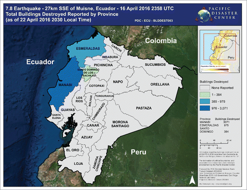 Figure 5. Pacific Disaster Center Map of Earthquake-related Damage to Built Environment 16 April 2016 Ecuador Earthquake. © Pacific Disaster Center. Reproduced by permission of Pacific Disaster Center. Permission to reuse must be obtained from the rightsholder.