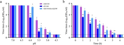 Figure 5. The stability of H5N6 avian influenza viruses. (a) Acid stability of three H5N6 viruses. 106.0 EID50 of each virus was diluted in PBS adjusted to the indicated pH and incubated at 37°C for 1 h. Virus titers were then determined in eggs. (b) Heat stability of three H5N6 viruses. 106.0 EID50 of each virus was incubated at 50°C for 6 h, and virus titers were then determined in eggs hourly. The statistical analysis was conducted by using multiple t tests with GraphPad Prism 8 software. *, P<0.05 compared with the titers of rGD/330 virus. **, P<0.01 compared with the titers of rGD/330 virus.