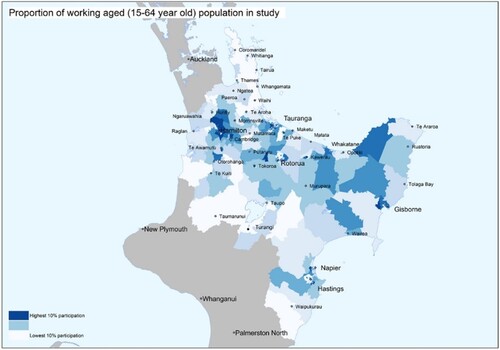 Figure 1. Percent of working-age (15–64-year-old) population in full-time or part-time study, 2018 Census. Geographic boundaries (SA2) at 1 January 2018. Extracted from (Stats New Zealand Citation2023a).
