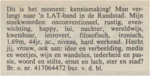 Illustration 2. Contact advertisement, NRC Handelsblad, 19 February 1994.