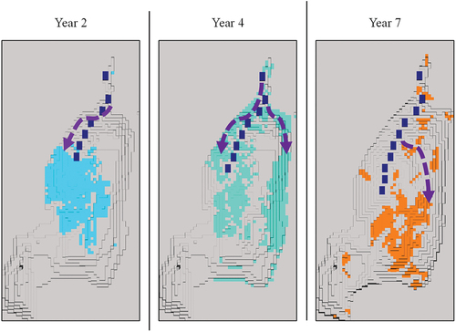 Figure 14. Plan view of the open pit denoting mined blocks (light colors) and ramps (dark blue) in years 2, 4 and 7.