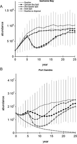 Figure 5. Mean Puget Sound herring abundance (solid line) and baseline standard deviation for Quilcene Bay (A) and Port Gamble (B) stocks examining the combinations of 5% dispersal between the stocks for baseline and longest exposure scenario affecting either or both stocks. Standard deviations for each scenario were similar, so only baseline are shown for clarity.