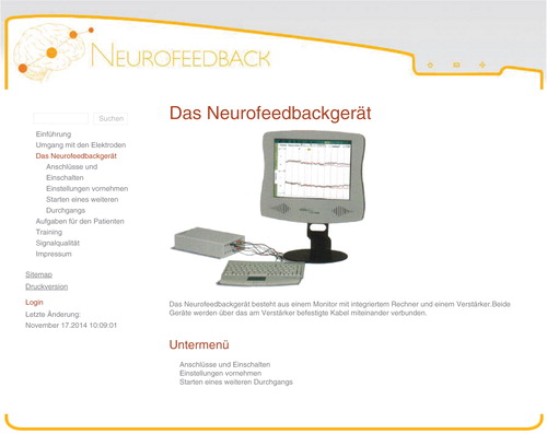 Fig. 3. Depicted is a screenshot of the NF-eTutorial. The image shows an example from the section on handling the neurofeedback device. Basic design by Dotcomwebdesign © 2013 AVMZ Medical Faculty, RWTH Aachen University, Germany.