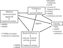 Figure 1.  The relationships among the various contributors (inside the boxes) to the development and publishing of peer-reviewed literature. Organizations that have developed publicly available guidelines to govern the publication process are noted outside the boxes. Abbreviations: AAMC, Association of American Medical Colleges; AMA, American Medical Association; AMWA, American Medical Writers Association; COPE, Committee on Publication Ethics; EMWA, European Medical Writers Association; ICMJE, International Committee of Medical Journal Editors; ISMPP, International Society for Medical Publication Professionals; PhRMA, Pharmaceutical Research and Manufacturers of America; WAME, World Association of Medical Editors
