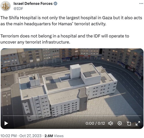 Figure 7. An image from a video of a 3D construction of al-Shifa Hospital that the Israel Defense Forces posted claiming Hamas’s main headquarters was located under the hospital.Source: Israel Defense Forces (@IDF), Twitter, October 27, 2023 (see endnote Footnote101).
