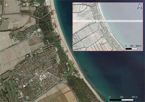 Figure 6. Marina di Sibari. Large panel: shoreline of 1954 (red line) with background Google satellite image of October 2019. Small panel: overlap between 1954 CASMEZ cartography and Google satellite image of October 2019.