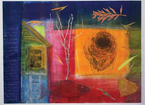Emma Luna, El nido (The Nest), 2010. Mixed media oil painting, ink onto plate, texturing cheesecloth, woodcuts, and etchings. 30.5 inches x 23 inches. Private collection. Courtesy of Emma Luna. Photo by Will H. Corral.