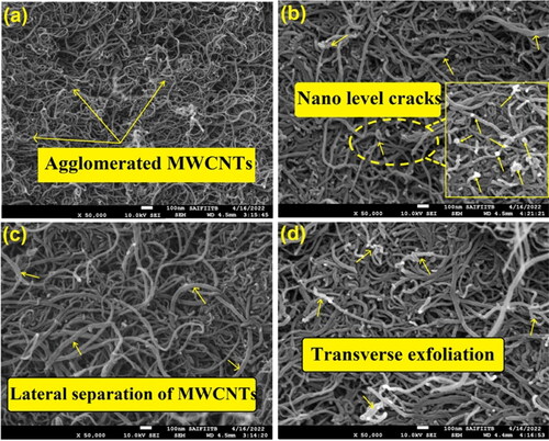 Figure 3. FE-SEM image of (a) pristine MWCNT (agglomeration of nanotubes), (b) OAC-48 showing nano-level ruptures (shown by arrow marks), (c) OAC-60 showing sufficient lateral and transverse exfoliation, (d) OAC-72 showing tiny transverse agglomeration.