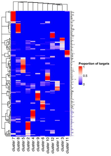 Figure 10. Heatmap displaying the proportion of each transcription factor’s targets that are assigned to each of the 12 clusters. Transcription factors are named on the right-hand side. The number of target genes they have ranges from three to 1090, with a median of 21. Many transcription factors have their targets grouped in the same cluster, demonstrating that the Bayesian LLR2 successfully identifies clusters containing co-regulated genes.