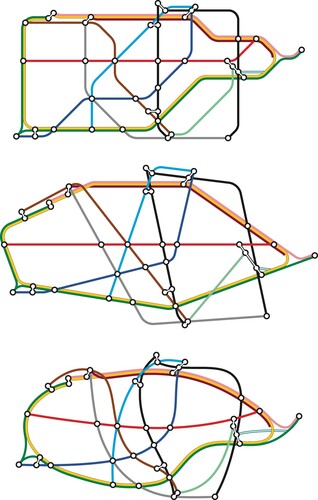 Figure 7. Three configurations of the same section of the London Underground network from the stylized designs in the internet rating study, illustrating octolinear (top), multilinear (centre), and curvilinear (bottom) approaches. All three have the same priorities, the simplest possible line trajectories inside the Circle Line. Image and designs © Maxwell J. Roberts, all rights reserved, reproduced with permission.