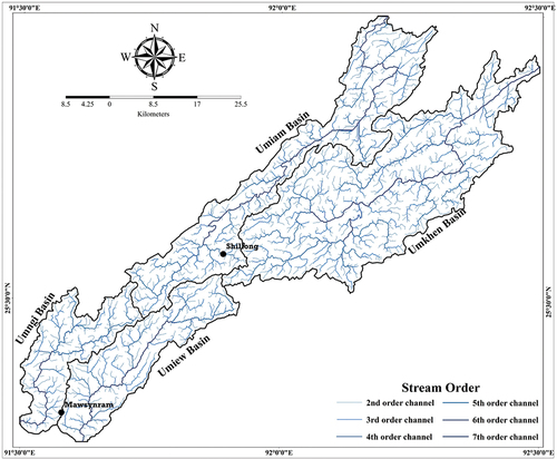 Figure 2. Watersheds of the four studied basins and the network of streams extracted from DEM data. The stream ordering has been done after (Strahler, Citation1952). The 1st order streams have been intentionally avoided from the figure to avoid cluttering.