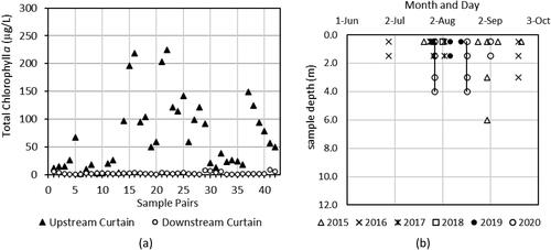 Figure 9. (a) Total chlorophyll a concentrations (µg/L) for 42 sample pairs collected upstream and downstream of the curtain at different depths and periods during curtain condition and sample depth subcategory C1a (curtain deeper than the mixed layer depth and sample depth shallower than or at the mixed layer depth) and (b) corresponding sample depths by date. Vertical lines with icon at 4 m denote pooled mixed layer sample from 0 to 4 m.