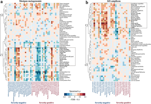 Figure 5. Associations between dietary intake (assessed through food frequency questionnaires and parsed by the NU-AGE food classification system) and gut microbiome biomarkers. Detected (a) shotgun metagenomic and (b) 16S amplicon biomarkers in the healthy individuals of published datasets (see Methods). Cluster (c) was generated with heatmap.2 function using a complete agglomeration method based on Euclidean distance. The color gradient indicates Spearman’s correlation coefficient (ρ) for each cohort; * indicates FDR adjusted p < .1.