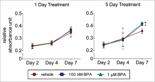Figure 1. BPA enhances the proliferation of BMSCs. BMSCs treated with 100 nM or 1 μM BPA for 1 d or 5 d were seeded in a 96-well plate and analyzed on days 2, 4, and 7 by the MTT assay. Values represent triplicates and 3 independent experiments for each of the 3 donors. Bar ± SD. *, P < 0.05 relative to vehicle-treated BMSCs.