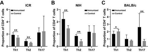 Figure 2. Changes of T cell subsets in three strains of mice before and after immunization. The results of (A), (B), and (C) are the changes of T cell subsets in ICR, NIH, and BALB/c mice before and after immunization, receptively. * indicates P < .05, ** indicates P < .01. Sample size: n = 10.